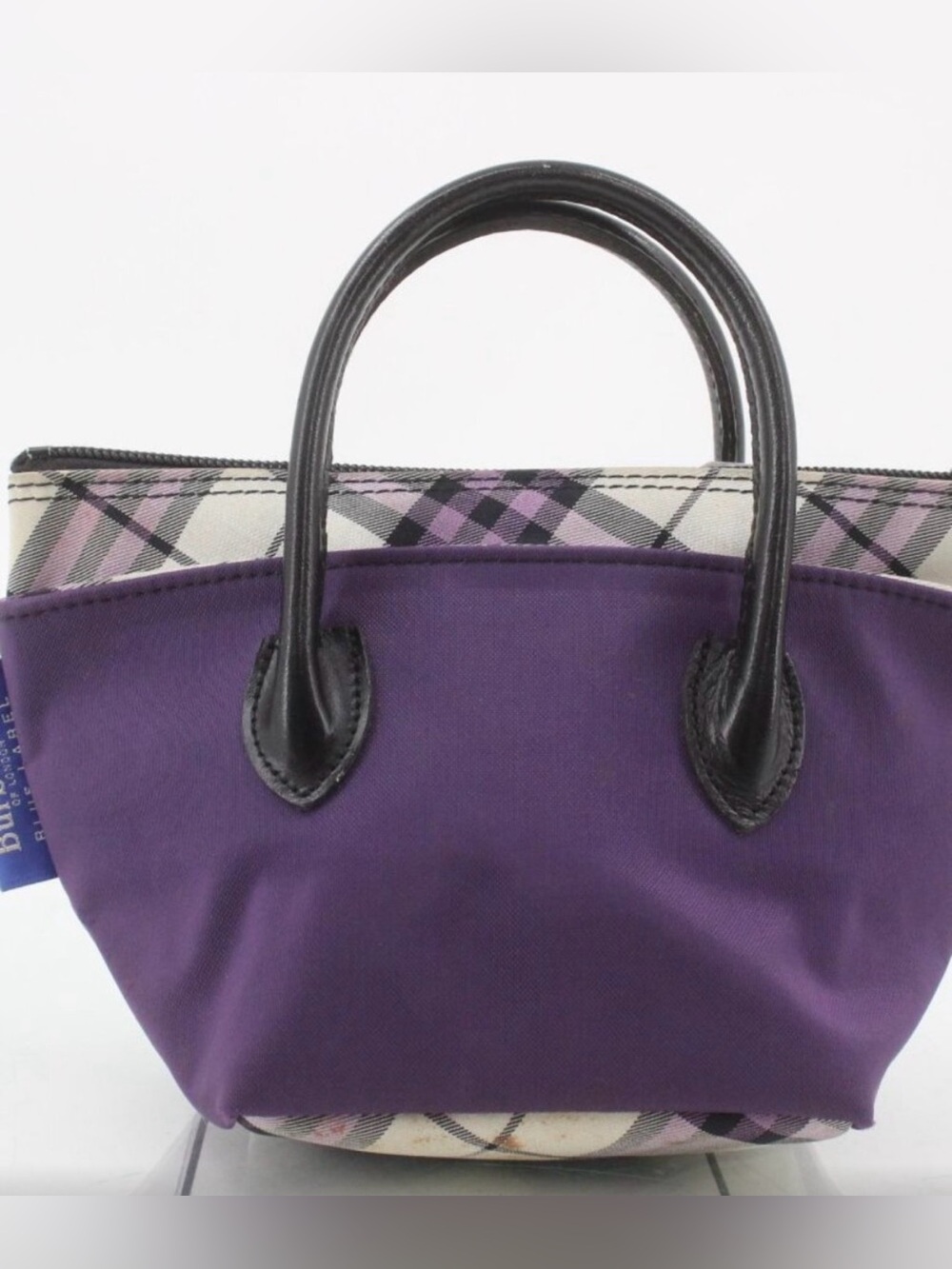 Burberry Authentic Purple Canvas Tote with Black Handles and Plaid Trim
